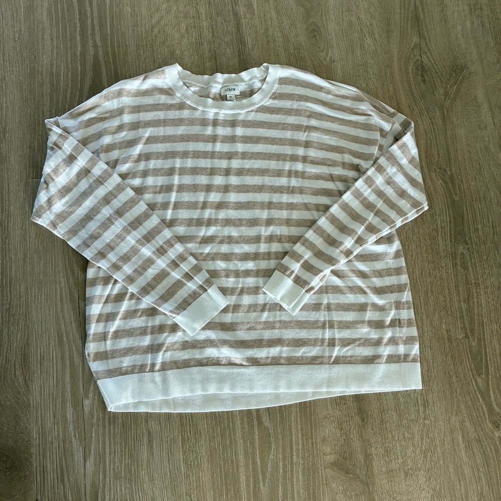 🆕 *JCREW* -XL- Classic Crewneck Striped Beige/White Lightweight Sweater (NWOT)